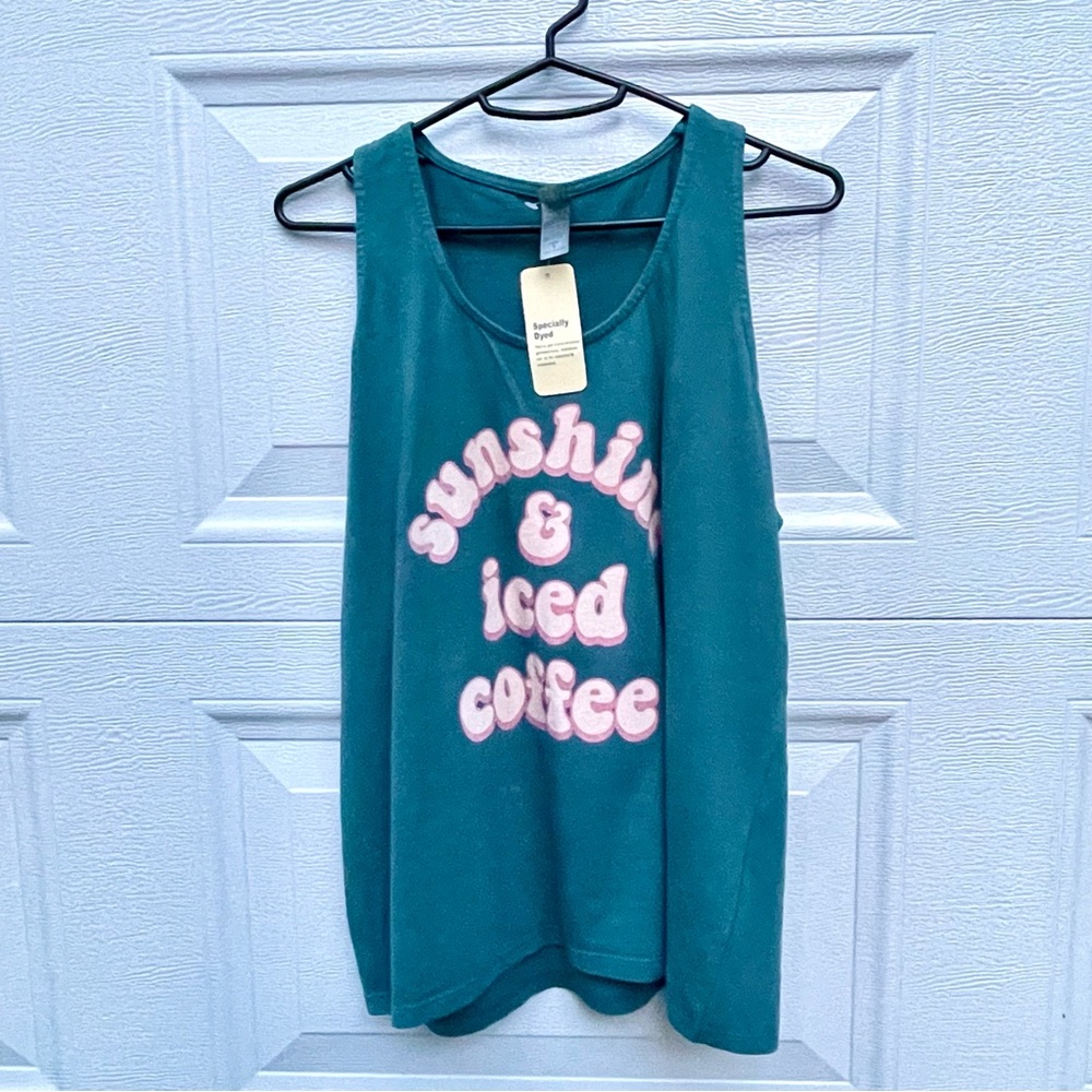 NWT Size SMALL “Sunshine and Iced Coffee” graphic tee Tank top Teal and Pink